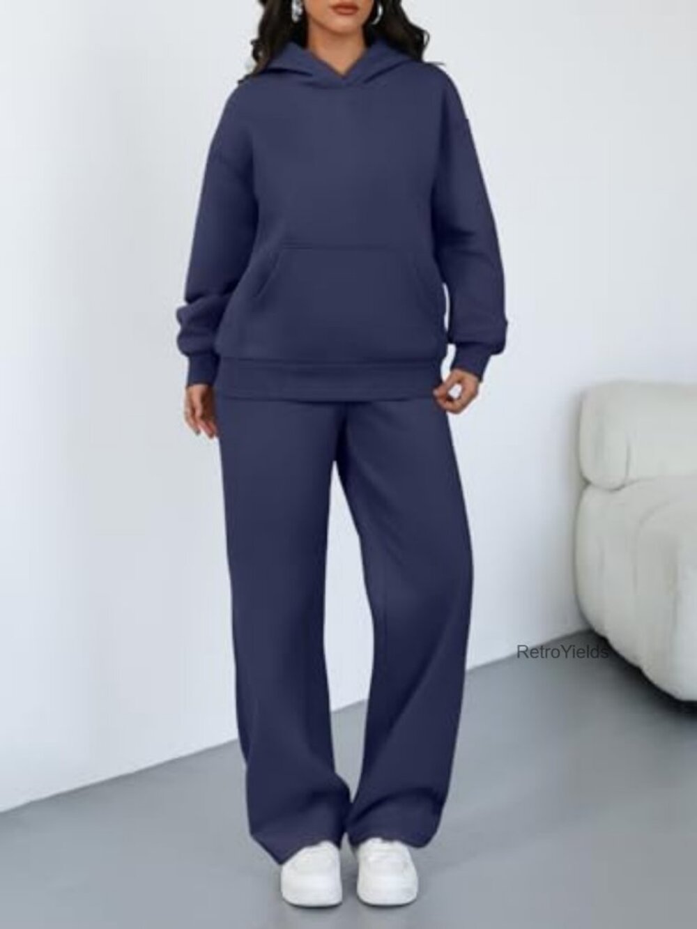 2 Piece Lounge Set - Oversized Hoodie & Wide Leg Pants Matching Active Sweatsuit - Picture 2 of 7